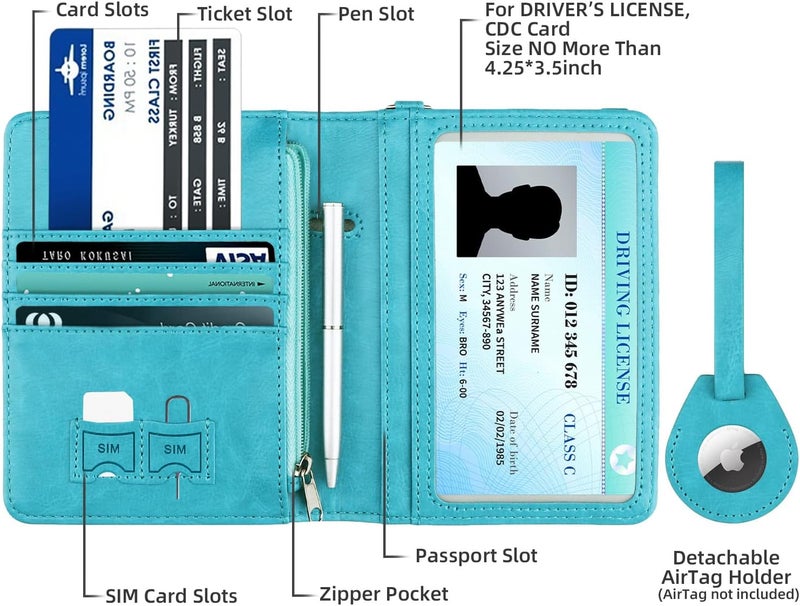 WALNEW AirTag Passport Holder, PU Leather Airtag Wallet RFID Blocking Passport Cover Travel Essentials Case for Women Men (Light Blue) - Image 2